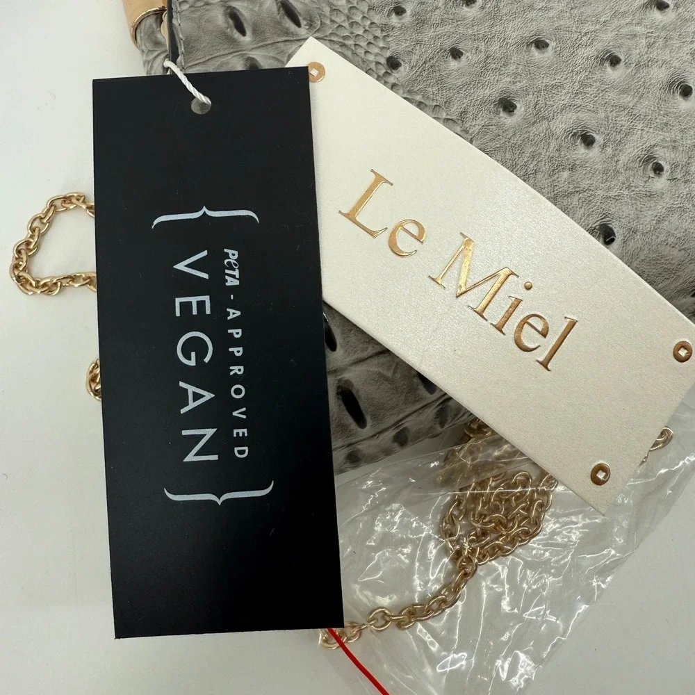 Le Miel Vegan Leather Ostrich Croc Embossed Frame Clutch Crystal Clasp Gray NWT